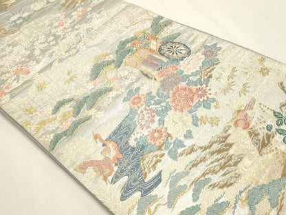 平和屋本店▼六通柄袋帯　唐織　御車華鳥文　本金箔　正絹　逸品　DABJ6215sf