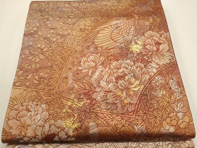 平和屋着物▼六通柄袋帯　地紙孔雀花文　錆泥金　正絹　逸品　DABJ6221sf