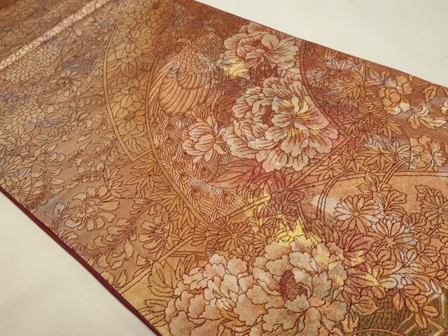 平和屋着物▼六通柄袋帯　地紙孔雀花文　錆泥金　正絹　逸品　DABJ6221sf