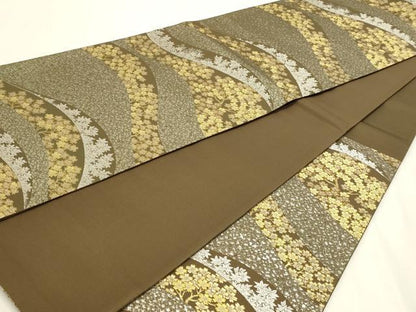平和屋本店▼六通柄袋帯　枝花文　本金　プラチナ　正絹　逸品　DABJ6509sf