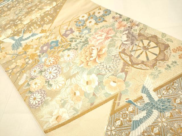 平和屋本店▼六通柄袋帯　唐織　撩乱花車文　純金箔　正絹　逸品　DABJ6522du