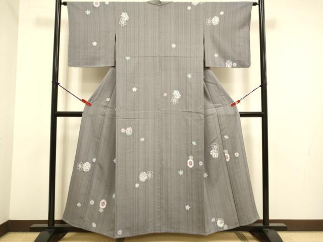 平和屋着物▽上質な小紋　単衣　紬地　草花文　正絹　逸品　未使用　DABJ6536du
