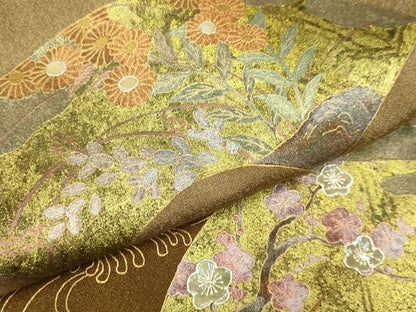 平和屋着物▽訪問着　単衣　螺鈿　流水地紙花文　暈し染め　金彩　正絹　逸品　DABJ6540du