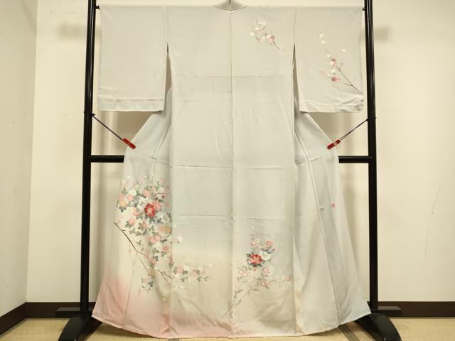 平和屋着物▽訪問着　単衣　友禅　作家物　枝花文　暈し染め　正絹　逸品　DABJ6557du