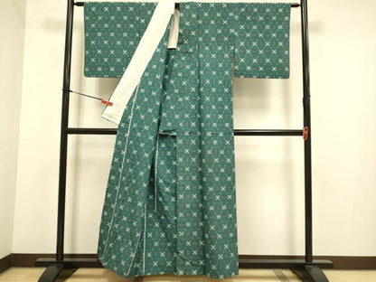 平和屋着物▽上質な紬　単衣　絣文様　正絹　逸品　DABJ6558du