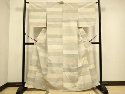 平和屋着物▽上質なお召　単衣　横段文　正絹　逸品　DABJ6561du