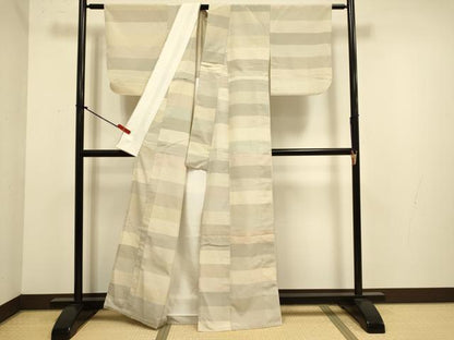 平和屋着物▽上質なお召　単衣　横段文　正絹　逸品　DABJ6561du