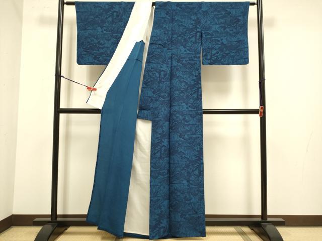 平和屋着物▽上質な小紋　単衣　藍　型染　扇梅松文　鬼しぼ縮緬　正絹　逸品　DABJ6568du