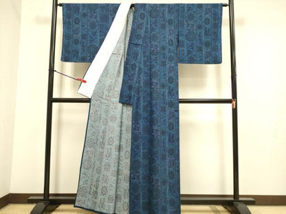 平和屋着物▽上質な小紋　単衣　花鳥間道　正絹　逸品　DABJ6575du