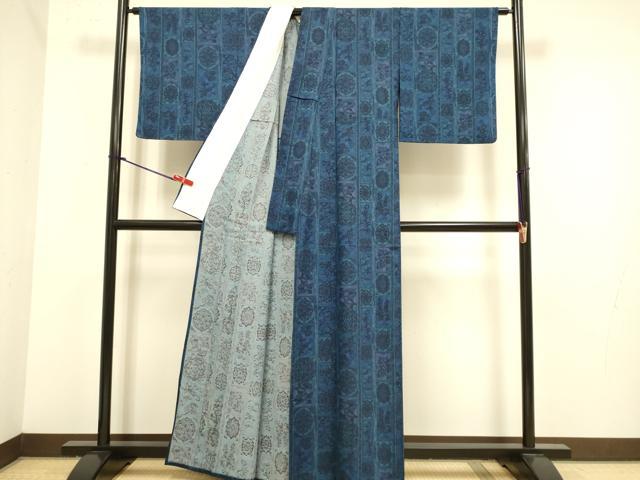 平和屋着物▽上質な小紋　単衣　花鳥間道　正絹　逸品　DABJ6575du