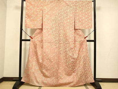 平和屋着物▽訪問着　単衣　紬地　更紗花唐草文　正絹　逸品　DABJ6616du
