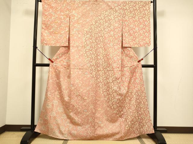 平和屋着物▽訪問着　単衣　紬地　更紗花唐草文　正絹　逸品　DABJ6616du