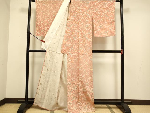 平和屋着物▽訪問着　単衣　紬地　更紗花唐草文　正絹　逸品　DABJ6616du