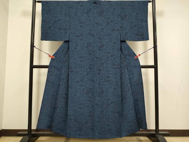 平和屋着物▽上質な小紋　単衣　藍　型染　草花文　鬼しぼ縮緬　正絹　逸品　DABJ6623du