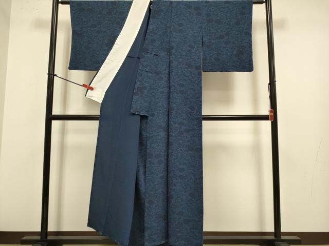 平和屋着物▽上質な小紋　単衣　藍　型染　草花文　鬼しぼ縮緬　正絹　逸品　DABJ6623du