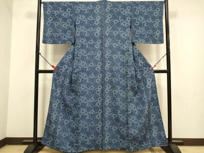 平和屋着物▽上質な小紋　単衣　藍　型染　菊文　正絹　逸品　DABJ6630du