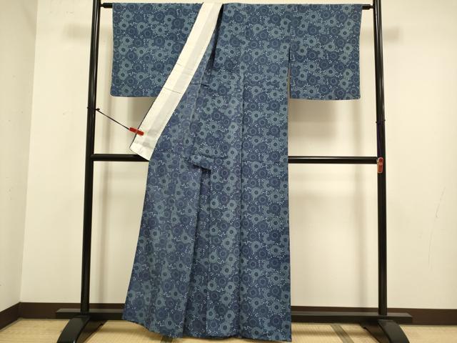 平和屋着物▽上質な小紋　単衣　藍　型染　菊文　正絹　逸品　DABJ6630du