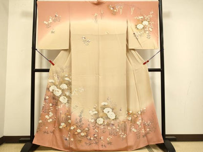平和屋着物●訪問着　刺繍　草花文　暈し染め　金彩　正絹　逸品　DABJ6731du