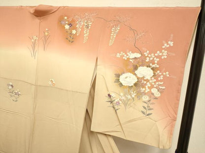 平和屋着物●訪問着　刺繍　草花文　暈し染め　金彩　正絹　逸品　DABJ6731du