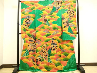 平和屋着物●豪華振袖　駒刺繍　御所車立波花文　金銀彩　正絹　逸品　DABJ6775du