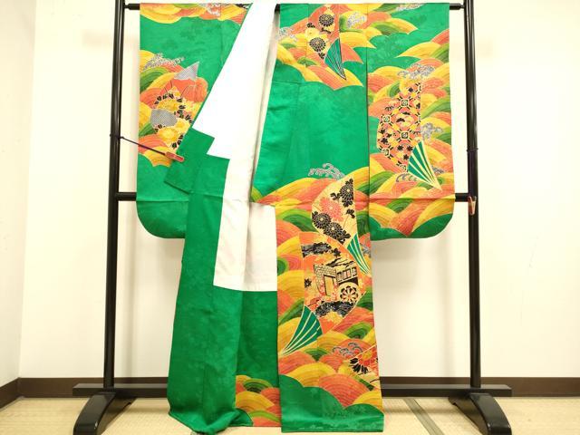 平和屋着物●豪華振袖　駒刺繍　御所車立波花文　金銀彩　正絹　逸品　DABJ6775du