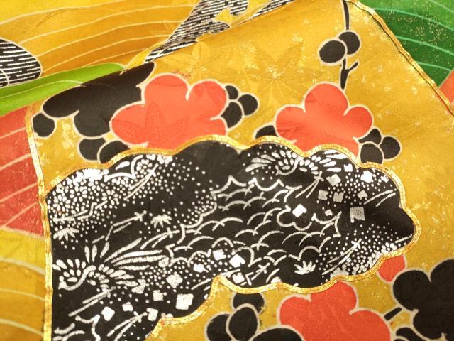 平和屋着物●豪華振袖　駒刺繍　御所車立波花文　金銀彩　正絹　逸品　DABJ6775du