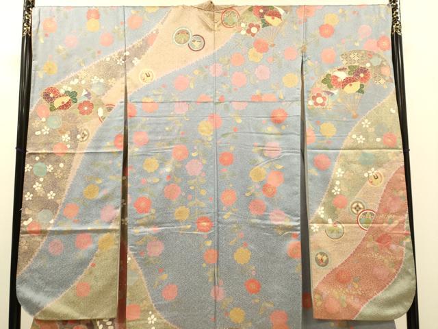 平和屋着物●豪華振袖　駒刺繍　扇面吉祥花文　金彩　正絹　逸品　DABJ6900du