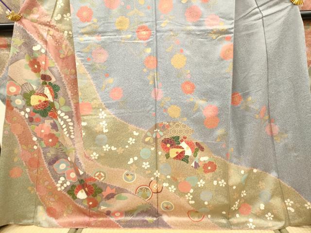 平和屋着物●豪華振袖　駒刺繍　扇面吉祥花文　金彩　正絹　逸品　DABJ6900du