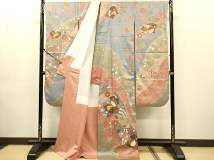 平和屋着物●豪華振袖　駒刺繍　扇面吉祥花文　金彩　正絹　逸品　DABJ6900du