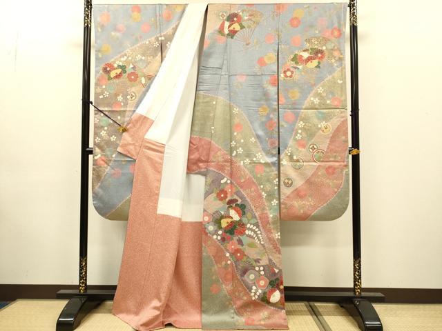 平和屋着物●豪華振袖　駒刺繍　扇面吉祥花文　金彩　正絹　逸品　DABJ6900du