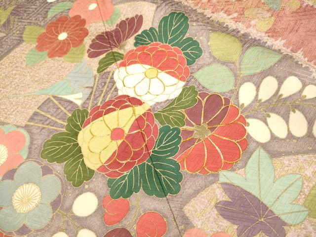 平和屋着物●豪華振袖　駒刺繍　扇面吉祥花文　金彩　正絹　逸品　DABJ6900du
