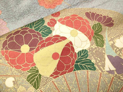 平和屋着物●豪華振袖　駒刺繍　扇面吉祥花文　金彩　正絹　逸品　DABJ6900du