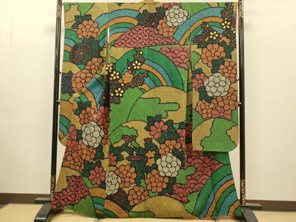 平和屋着物●豪華振袖　単衣　総絞り　草花文　正絹　逸品　DABJ6904du