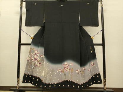 平和屋着物●世界的友禅作家　千地泰弘　黒留袖　孔雀花文　暈し染め　金銀彩　正絹　逸品　DABJ6927du