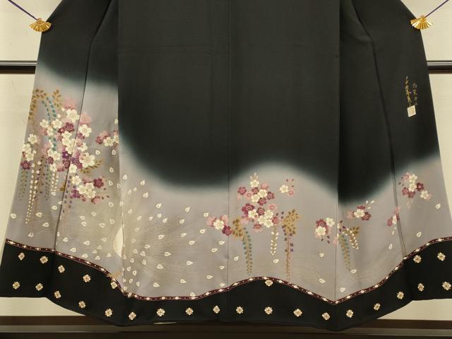 平和屋着物●世界的友禅作家　千地泰弘　黒留袖　孔雀花文　暈し染め　金銀彩　正絹　逸品　DABJ6927du