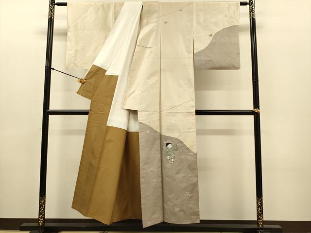 平和屋着物●訪問着　紬地　総刺繍　童子遊び　正絹　逸品　DABJ6934du