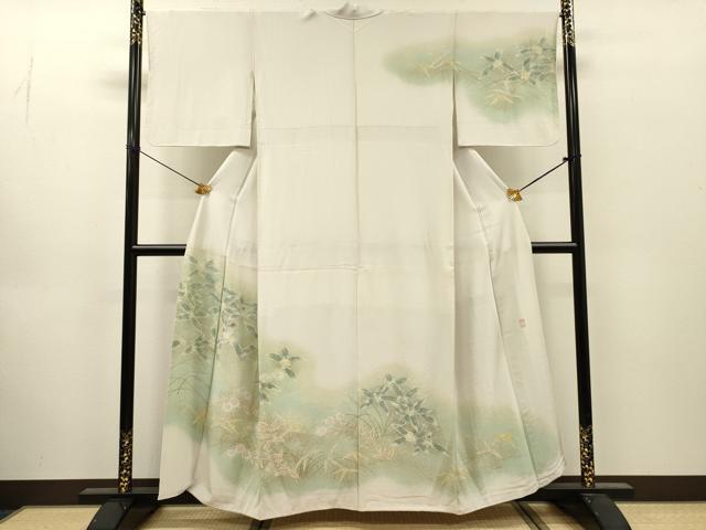 平和屋着物▼訪問着　作家物　手描き　枝花に休み鳥　暈し染　正絹　逸品　DABJ7037fe