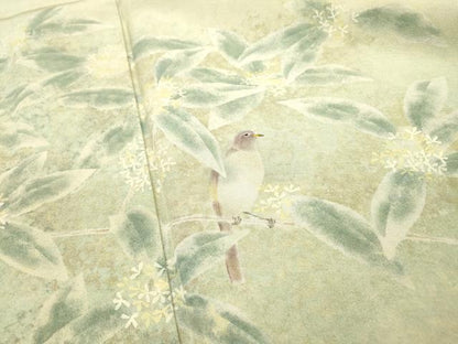 平和屋着物▼訪問着　作家物　手描き　枝花に休み鳥　暈し染　正絹　逸品　DABJ7037fe