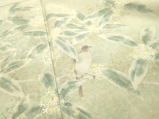 平和屋着物▼訪問着　作家物　手描き　枝花に休み鳥　暈し染　正絹　逸品　DABJ7037fe