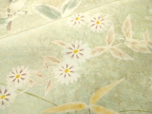 平和屋着物▼訪問着　作家物　手描き　枝花に休み鳥　暈し染　正絹　逸品　DABJ7037fe