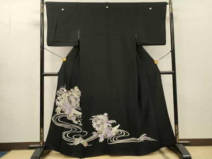 平和屋着物▼豪華黒留袖　総刺繍　渡り橋花文　銀糸　正絹　逸品　DABJ7042fe