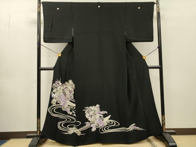 平和屋着物▼豪華黒留袖　総刺繍　渡り橋花文　銀糸　正絹　逸品　DABJ7042fe