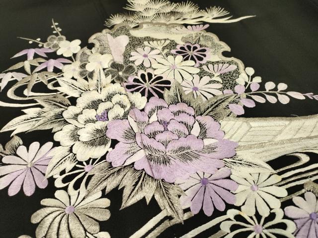 平和屋着物▼豪華黒留袖　総刺繍　渡り橋花文　銀糸　正絹　逸品　DABJ7042fe