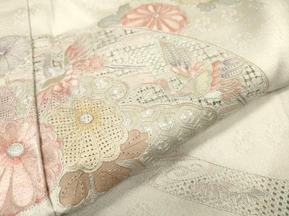 平和屋着物▼中国三大刺繍　スワトウ刺繍　汕頭刺繍　相良刺繍　総刺繍　訪問着　地紙飛鶴花文　正絹　逸品　DABJ7044fe