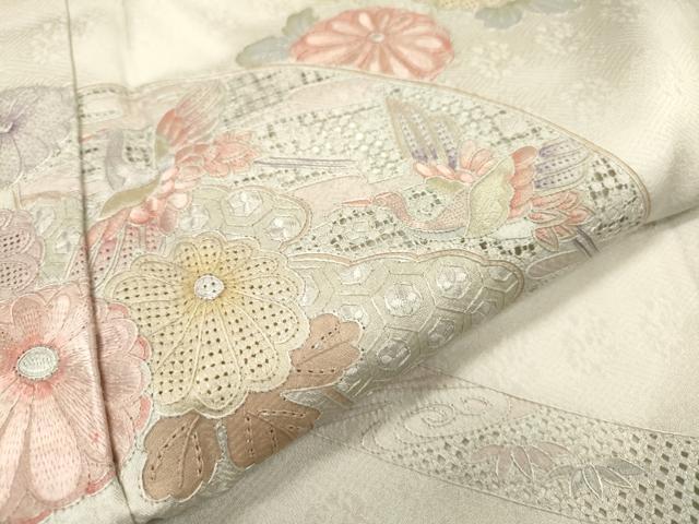 平和屋着物▼中国三大刺繍　スワトウ刺繍　汕頭刺繍　相良刺繍　総刺繍　訪問着　地紙飛鶴花文　正絹　逸品　DABJ7044fe