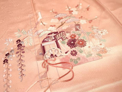 平和屋着物▼中国三大刺繍　相良刺繍　総刺繍　訪問着　御所車檜扇花松文　暈し染　正絹　逸品　未使用　DABJ7087fe