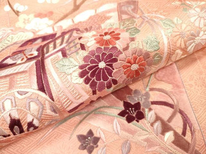平和屋着物▼中国三大刺繍　相良刺繍　総刺繍　訪問着　御所車檜扇花松文　暈し染　正絹　逸品　未使用　DABJ7087fe