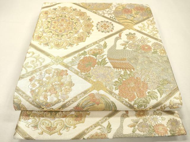 平和屋着物▼六通柄袋帯　天井正倉院孔雀花丸文　金糸　正絹　逸品　DABJ7096fe