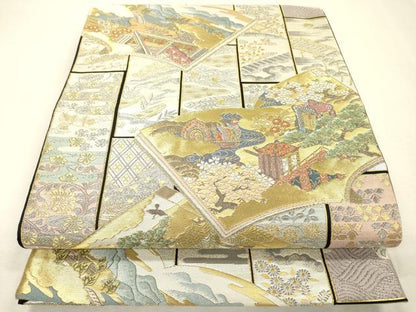 平和屋着物▼六通柄袋帯　唐織　歌絵物語　御苑秀景文　金銀糸　正絹　逸品　DABJ7098fe