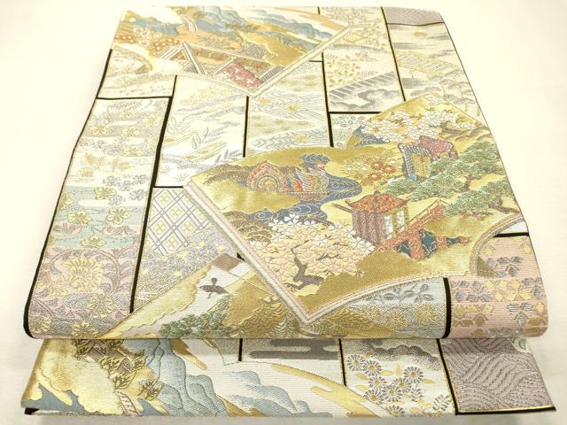 平和屋着物▼六通柄袋帯　唐織　歌絵物語　御苑秀景文　金銀糸　正絹　逸品　DABJ7098fe